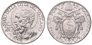 Vatican City, City State, 20 Centesimi Stainless Steel 1941/III, Bust of St. Paul left, KM 24a, UNC