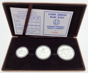 Greece, Republic, Official Annual SILVER Coin Set 1981 (3) in original packaging, KM 125/127, PROOF
