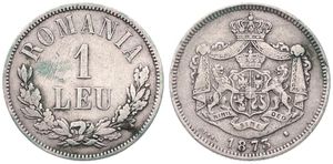 Romania, Kingdom, Carol I, 1 Leu Silver 1873, Crowned and draped arms, KM 10, A.VF