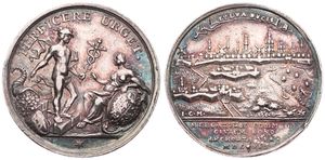 Netherlands, Token in Silver 1712 by Van Berckel, Construction of the highway from s' Hertogenbosch to Liege, View on the city / Mercurius standing - Seated Virgin, XF  