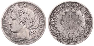 France, Second Republic, 1 Franc Silver 1851A, Laureate head left, KM 759.1 (Paris), A.VF