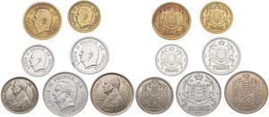 Monaco, Principality, Louis II, 1, 1, 2, 2, 5, 10 & 20 Francs 1943-1947, Various designs, KM div, XF