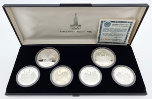 Russia, (U.S.S.R.), Official Olympics SILVER coin Set (1980) (6) in original box with certificate, KM div, PROOF