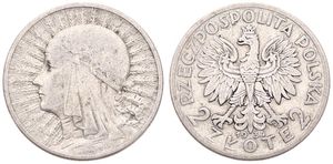 Poland, Republic, 2 Zlote Silver 1934, Radiant head of Queen Jadwiga left, KM 20, KEY DATE, A.VF