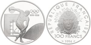France, Republic, 100 Francs Silver 1994, Olympics - Discus Thrower, KM 1047, PROOF