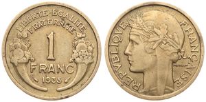 France, Republic, 1 Franc Aluminum-Bronze 1935, Laureate head left, KM 885, KEY DATE, VF