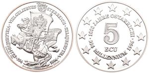 Austria, Republic, 5 Ecu Millennium Silver 1996, 1000 Years Austria - Knight on horseback, KM NL, PROOF