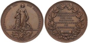 German States, Rendsburg, Medal in Bronze 1859 by G. Loos, Gewerbefleiss ist die Nationalkraft, Allegorical figure standing / Legend in 7 lines within wreath, XF (edgenicks)