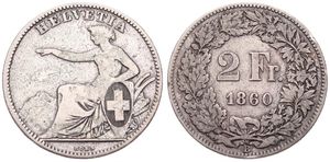 Switzerland, Confederation, 2 Francs Silver 1860, Seated Helvetia with shield, KM 10a, F/VF