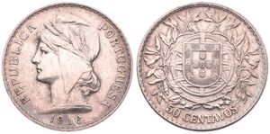 Portugal, Republic, 50 Centavos Silver 1916, Liberty head left, KM 561, XF
