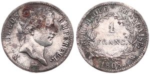 France, First Empire, Napoleon, 1 Franc Silver 1808W, Laureate head right, KM 682.14 (Lille), VF