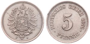 Germany, Empire, Wilhelm I, 5 Pfennig Copper-Nickel 1876J, Crowned imperial eagle, KM 3, A.UNC
