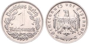 Germany, Third Reich, 1 Reichsmark Nickel 1939B, Eagle with wings spread, KM 78, XF/AU