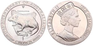 Isle of Man, British Dependency, Elizabeth II, 1 Crown Copper-Nickel 1988, Australian Bicentennial - Tasmanian Devil within circle, KM 227, B.UNC