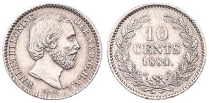 Netherlands, Kingdom, William III, 10 Cents Silver 1884, Bearded head right, KM 80, XF