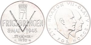 Norway, Kingdom, Olav V, 25 Kroner Silver 1970, 25th Anniversary of Liberation, KM 414, UNC 