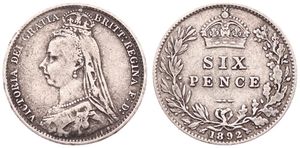 Great Britain, Kingdom, Victoria, 6 Pence Silver 1892, Crowned and draped bust left, KM 760, VF