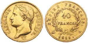 France, First Empire, Napoleon, 40 Francs Gold 1811A, Laureate head left, KM 696.1 Paris, VF (slightly cleaned) (*)