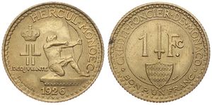 Monaco, Principality, Louis II, 1 Franc Aluminum-Bronze 1926, Hercules shooting bow to right, KM 114, A.UNC