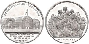 Great Britain, Kingdom, Victoria, Medal in Tin 1857, Exhibition of Art Treasures in Manchester, Exhibition buildings view / Three muses personifying the arts, PROOFLIKE