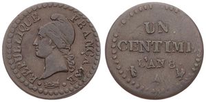 France, First Republic,1 Centime Bronze LAN8 A (1799-1800), Liberty head left / Value within beaded circle, KM 646 Paris, VF