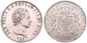 Italian States, Sardinia, Carlo Felice, 5 Lire Silver 1827 P, Head right / Crowned arms within wreath, KM 105.2, VF