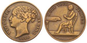 Great Britain, Kingdom, Victoria, Token in Brass 1848, Gambling Token, Bust of the Queen left / Keep your Temper : Prince Albert playing cards, VF