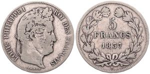France, Second Kingdom, Louis Philippe I, 5 Francs Silver 1837BB, Laureate head right, KM 749.3 (Strasbourg), KEY DATE, Fine