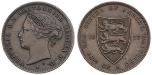 Jersey, British Dependency, Victoria, 1/48 Shilling Bronze 1877H, Crowned head left, KM 6, RARE, XF