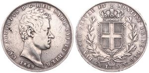Italian States, Sardinia, Carlo Alberto, 5 Lire Silver 1849 P, Bust right, KM 113.3, A.VF