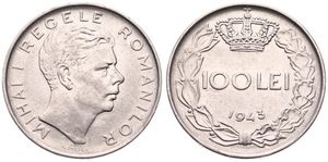 Romania, Kingdom, Mihai I, 100 Lei Nickel Clad Steel 1943, Head right, KM 64, XF