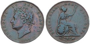 Great Britain, Kingdom, George IV, 1/2 Penny Copper 1827, Laureate head left, KM 692, VF (small edgenicks)