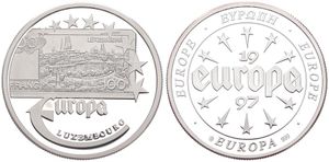 Europe, European Union, Medal in Silver 1997, Old banknote - 100 Francs from Luxembourg / Stars and legend within and around circle, PROOF