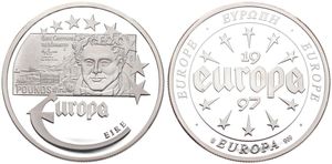 Europe, European Union, Medal in Silver 1997, Old banknote - 20 Pounds from Ireland / Stars and legend within and around circle, PROOF