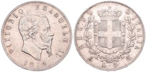 Italy, Kingdom, Vittorio Emanuele II, 5 Lire Silver 1874M BN, Bearded head right, KM 8.3, VF