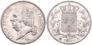 France, Second Kingdom, Louis XVIII, 5 Francs Silver 1821A, Head left, KM 711.1 Paris, A.XF