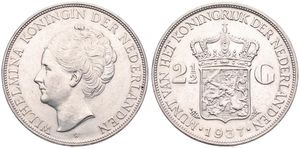 Netherlands, Kingdom, Wilhelmina I, 2-1/2 Gulden Silver 1937, Head left, KM 165, A.UNC