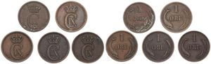 Denmark, Kingdom, Christian IX, 5 x 1 Ore Bronze 1875, 1878, 1879, 1888 & 1889, Crowned Monogram, KM 792.1, all VF