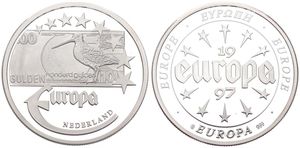 Europe, European Union, Medal in Silver 1997, Old banknote - 100 Gulden from the Netherlands / Stars and legend within and around circle, PROOF