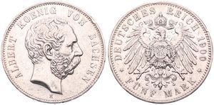 German States, Saxony - Albertine, Albert, 5 Mark Silver 1900E, Bearded head right, KM 1246, VF (edgenicks)
