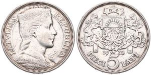 Latvia, First Republic, 5 Lati Silver 1932, Crowned head right, KM 9, Position B, A.XF
