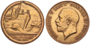 Great Britain, Kingdom, George V, Medal in Bronze 1914-1918, Mercantile Marine War Medal, Head of King George V left / Steamship - Sinking Submarine & Sailing Vessel, VF (cleaned & some edgenicks)