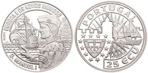 Portugal, Republic, 25 Ecu Silver 1994, Manuel I and Sailing ship, KM X 34, PROOF