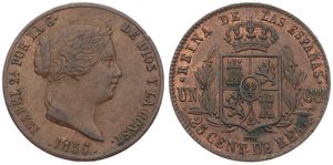 Spain, Kingdom, Isabel II, 25 Centimos Copper 1856, Laureate head right, KM 615.2, VF+