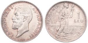 Romania, Kingdom, Carol I, 1 Leu Silver 1910, Bearded head left, KM 42, VF