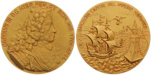 Spain, Kingdom, Franco, Medal in Gilt Bronze 1969 by Calico, Kings of Spain, Bust of Carolus III right (1701-1714) / Sailing Ship in Barcelona harbour, UNC