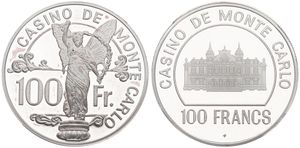 Monaco, Principality, Casino de Monte Carlo, Game Token (Jeton de jeu) 100 Francs Silver ND, Casino Building, KM XNL, PROOF 