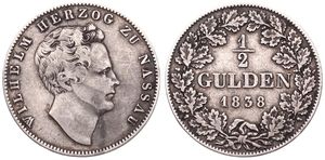 German States, Nassau, United Duchies, 1/2 Gulden Silver 1838, Head of Wilhelm right, KM 44, VF