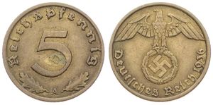 Germany, Third Reich, 5 Reichspfennig Aluminum-Bronze 1936A, Eagle above swastika within wreath, KM 91, VF
