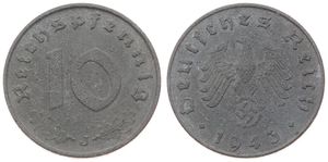 Germany, Third Reich, 10 Reichspfennig Zinc 1943J, Eagle above swastika within wreath, KM 101, KEY DATE, A.VF